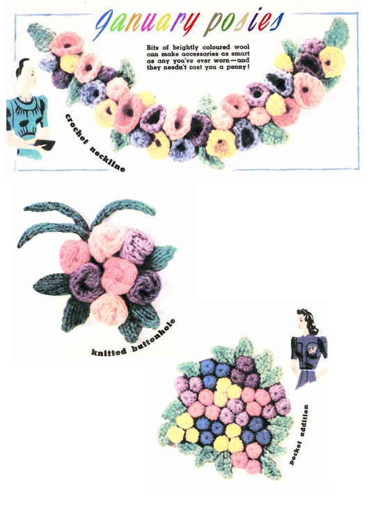 Style Craft, January Posies / Corsage, 40s Knitting Pattern and Crochet Pattern, January Posies