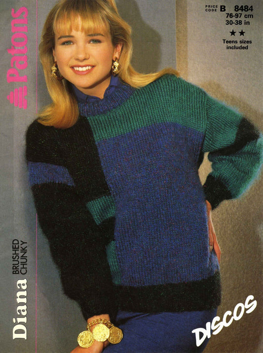 Ladies Sweater / Jumper, 30"-38" Bust, Chunky, 80s Knitting Pattern, Patons 8484