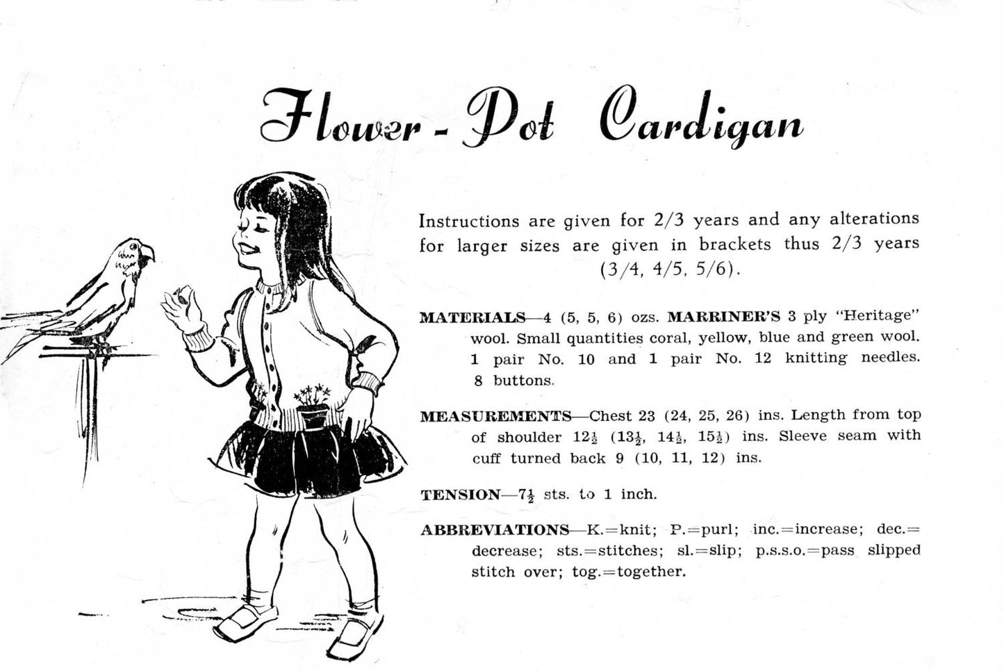 "Flower Pot" Girls Cardigan, 2-6 years, 3ply, 50s Knitting Pattern, Marriner 367