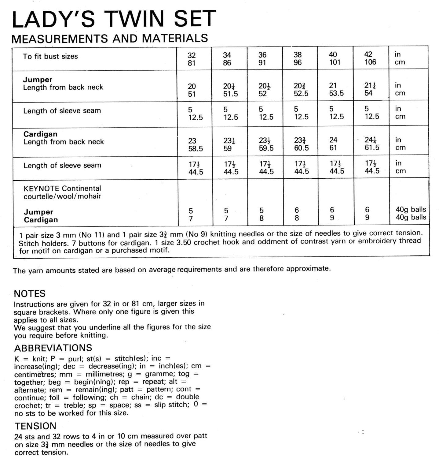Ladies Twin Set, Jumper and Cardigan, 30"-42" Bust, 4ply, 70s Knitting Pattern, Keynote 570