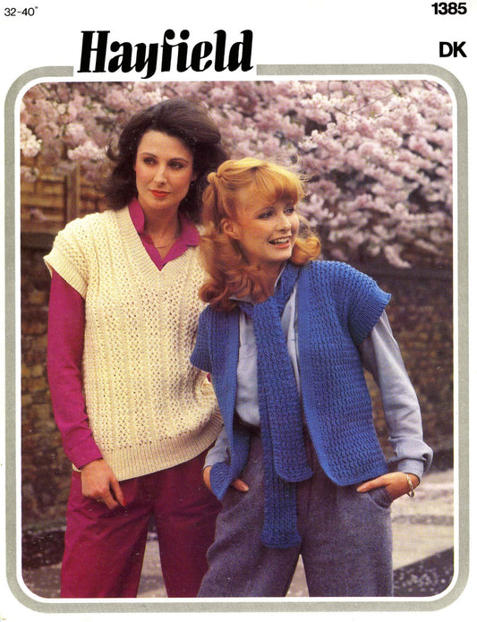 Ladies Slip Over, Gilet and Scarf, 32"-40" Bust, DK, 80s Knitting Pattern, Hayfield 1385