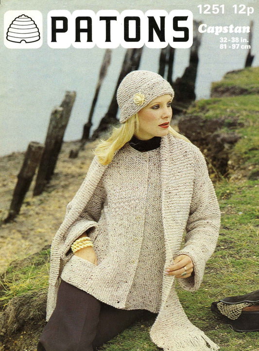 Ladies Jacket / Cardigan, Hat and Scarf, 32"-38" Bust, Aran, 80s Knitting Pattern, Patons 1251