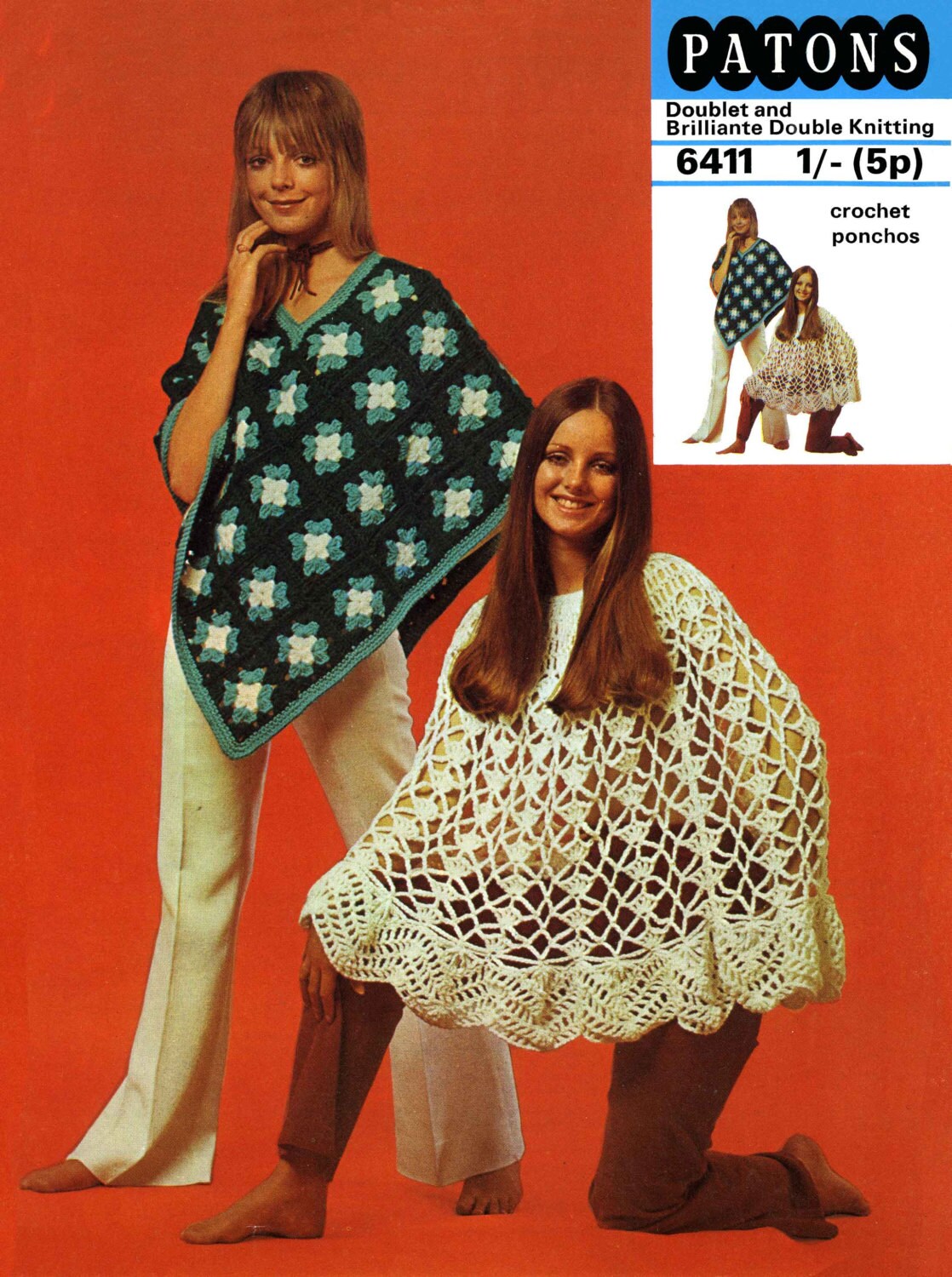 Ladies & Girl's Poncho in two Styles, DK, 70s Crochet Pattern, Patons 6411