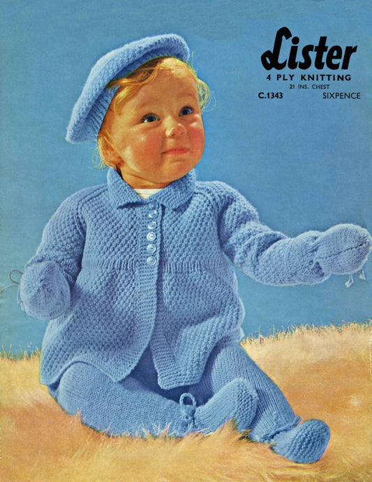 Baby Pram Set, Coat, Pullups, Mittens, Beret, 21" Chest, 4ply, 50s Knitting Pattern, Lister 1343