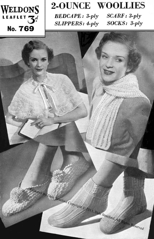 Ladies Warming Woollies, Ankle Socks (size 9) Bed cape, Scarf, Slippers (size 6), 3ply & 4ply 40s Knitting Pattern, Weldons 769