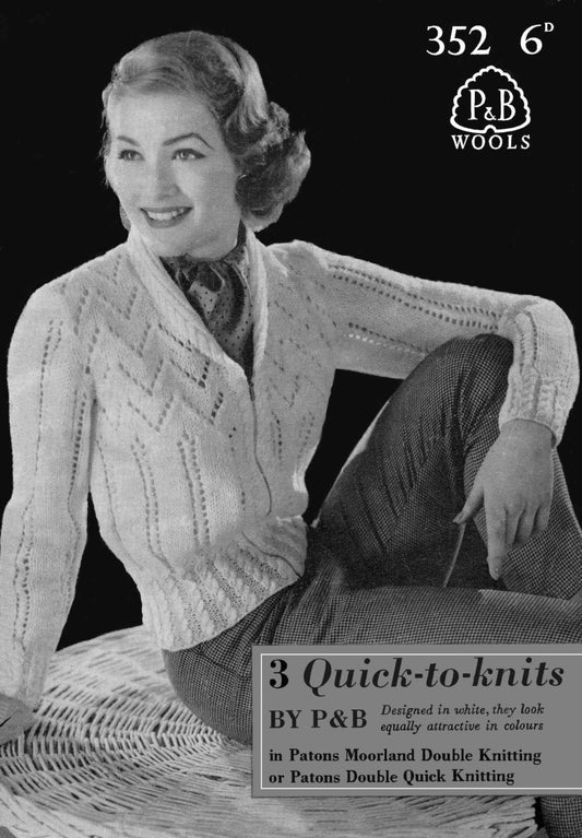 Ladies Zip Up Jacket / Cardigan, Jumper and Button Through Cardigan, 34"-38" Bust, DK, 50s Knitting Pattern, P&B 352