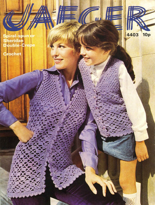 Ladies and Girl, Waistcoat, 24"-38" Chest / Bust, DK, 80s Crochet Pattern, Jaeger 4403