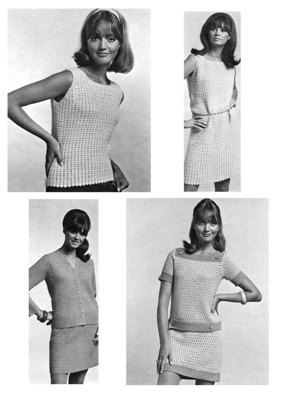 Ladies Quartet, Sleeveless Sweater, Skirt & Cardigan, Dress, 3ply, 4ply, DK, 32"-38" Bust, 60s Crochet Pattern, Patons 7007