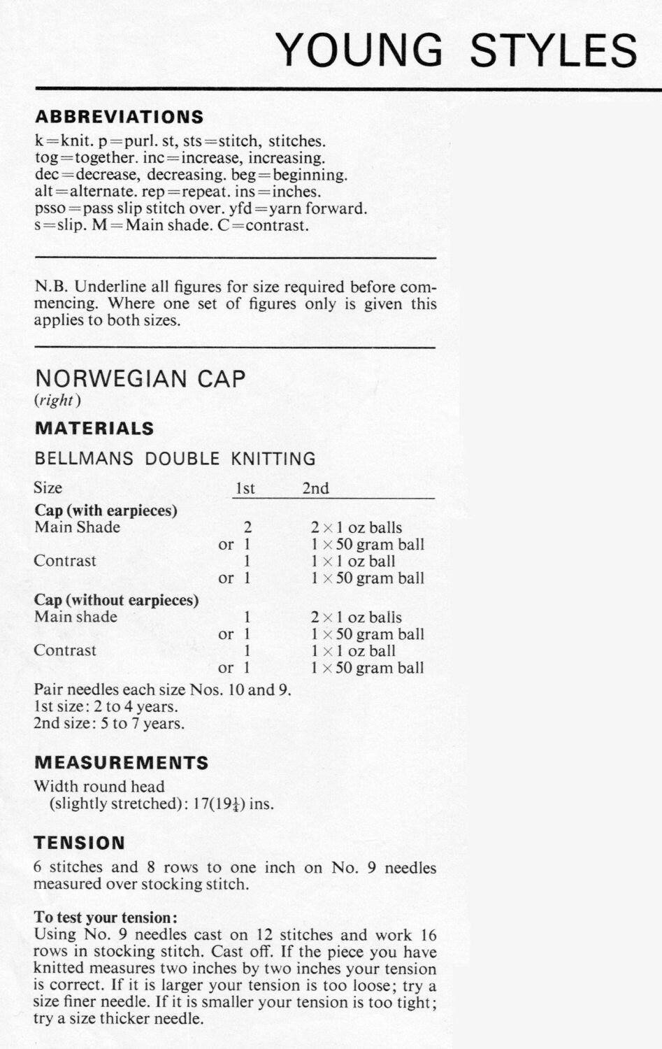 Childrens Norwegian Cap / Hat, 2-7 years, DK, 80s Knitting Pattern, Bellmans 1226