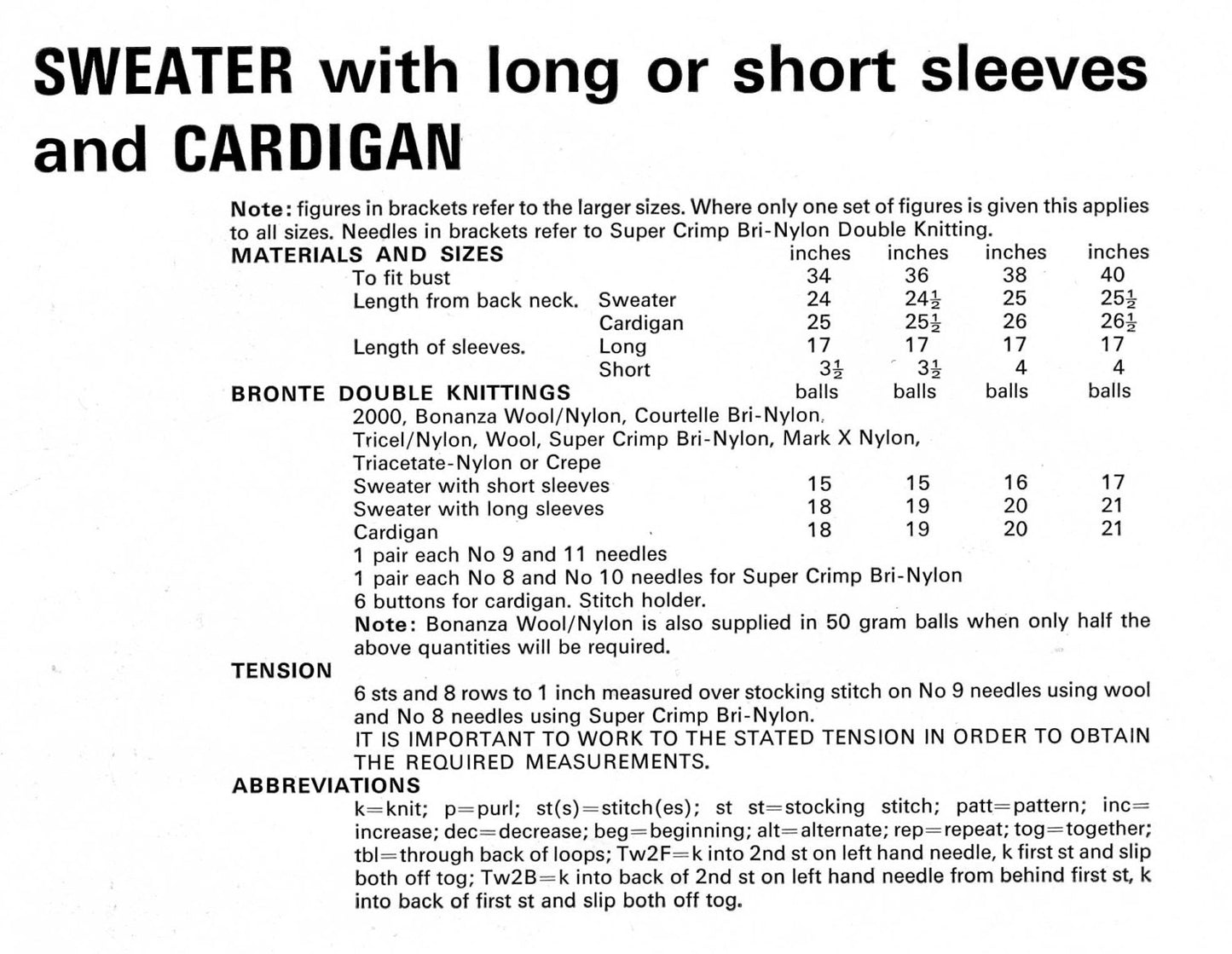 Ladies Sweater / Jumper and Cardigan, Short or Long Sleeves, 34"-40" Bust, DK, 70s Knitting Pattern, Bronte 749
