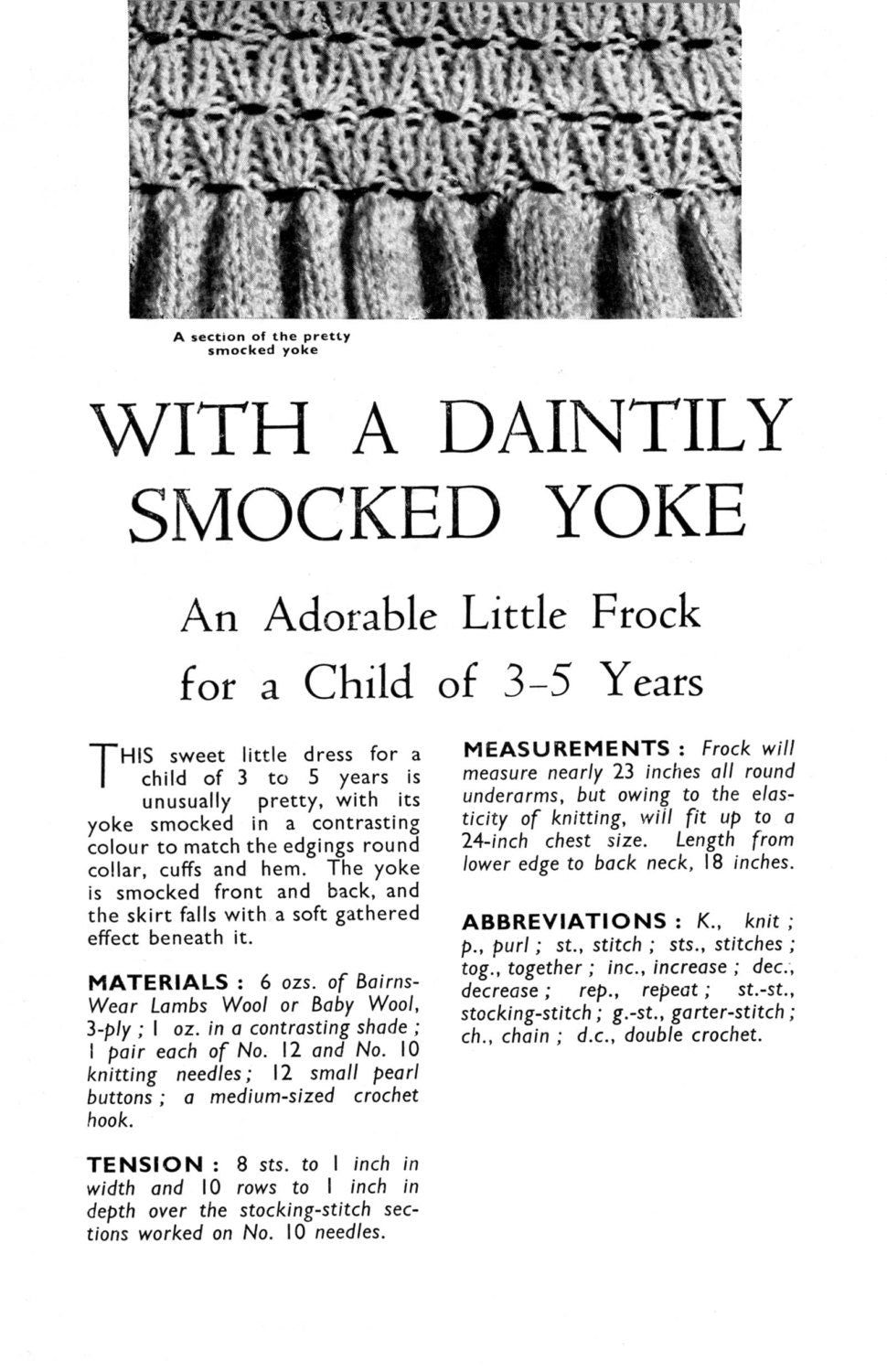 Girls Dress Smocked Yoke Frock, 3-5 years, 3ply, 40s Knitting Pattern, Weldons 259