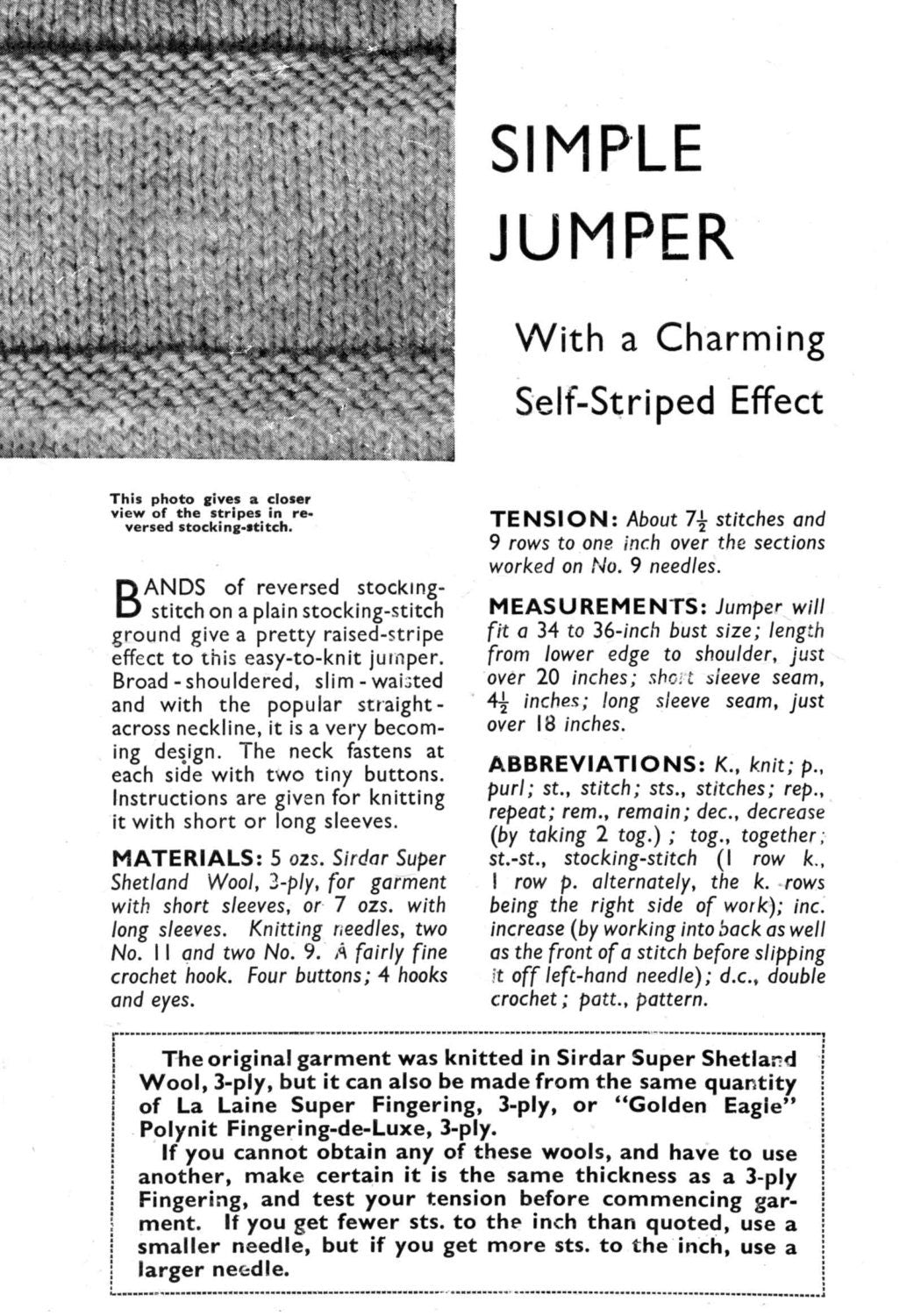 Ladies Simple Jumper, 34"-36" Bust, 3ply, 40s Knitting Pattern, Weldons 352