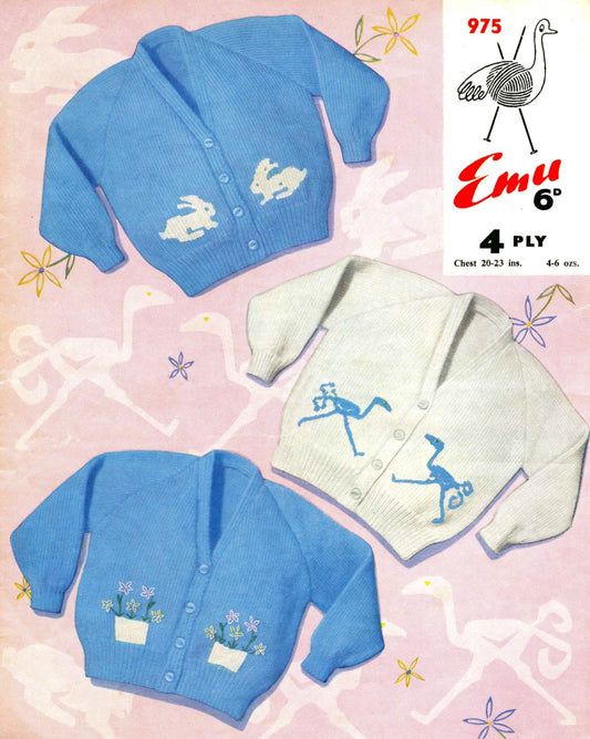 Baby Cardigan, with Rabbit, Ostrich, Flower Motif, 20"-23" Chest, 4ply, 60s Knitting Pattern, Emu 975